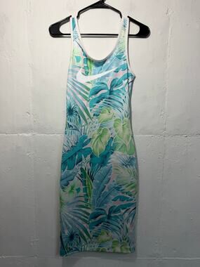 Nike Womens Midi Dress Size XS leaves Tropical Print blue green